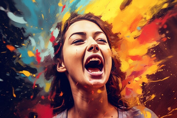 Emotions in faces and colors. Emotional woman with colorful colors emphasizing the emotional state.