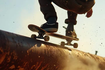 Poster skateboarder sliding on a rusted pipe, dust particles visible © primopiano