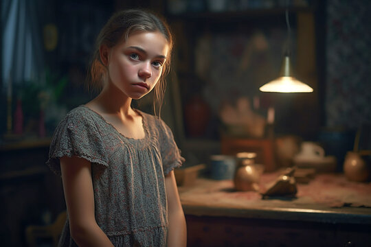 Young Girl in a dress, retro style, 19th century, in a room at a table.