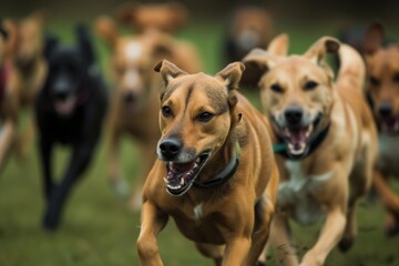 frontal view of dogs focused expressions during the race