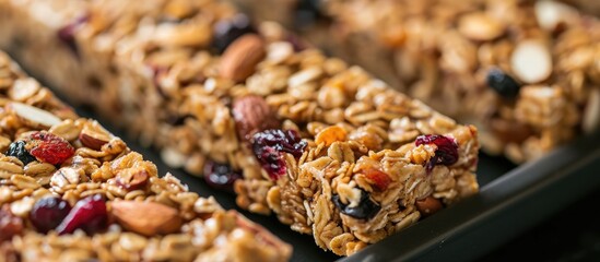 Close-up of nutritious granola bars with nuts and dried berries.
