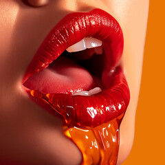 The honey flowing over a woman's beautiful red lips. - obrazy, fototapety, plakaty