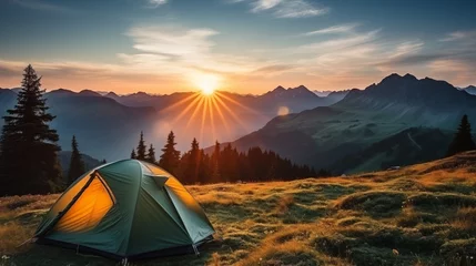Foto op Plexiglas Camping tent high in the mountains. tourist tent camping in mountains at sunset © Pakhnyushchyy