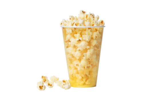Glass Filled with Popcorn, A Convergence of Flavorful and Crunchy Delights on a White or Clear Surface PNG Transparent Background.