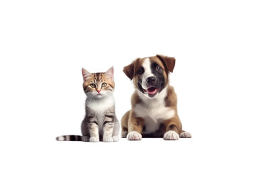 Obraz premium Dog and Cat, Caught in a Moment of Shared Delight and Contentment on a White or Clear Surface PNG Transparent Background.