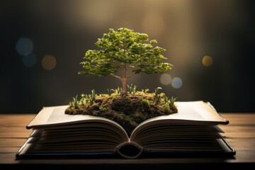 A tree growing from a book, embodying the idea that knowledge is the fertile soil for the growth of revolutionary concepts. Generative Ai.