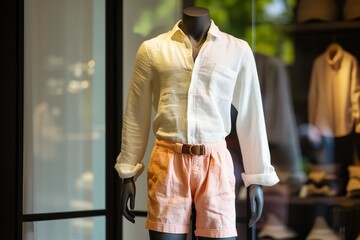 mannequin dressed in trendy peach shorts and a white linen shirt - obrazy, fototapety, plakaty