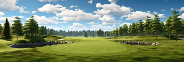 Golf course landscape panorama with green grass and blue sky, Ai Generated