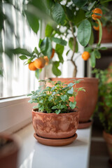 Melissa plant in old terracotta pot on windowsill soft focus, citrus tree houseplant with fruit on background. Growing aromatic fresh lemon balm herbs at home. Indoor gardening, homegrown