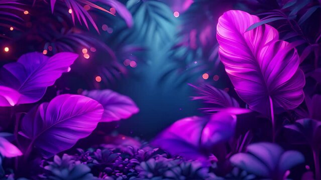 Neon glowing tropical leaves in purple and pink. Jungle Forest glowing, illuminates palm trees with trendy aesthetic violet light. 3D render animation with a space for custom text placement. 4k video 