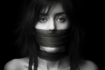 Freedom of speech, ethereal eternal forced muffled, A young girl's mouth crossed with sticky tape. - obrazy, fototapety, plakaty