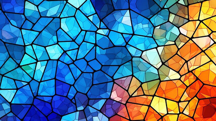 Beautiful stained glass pattern, fibonacci, polygons, technology, clean, cool color palette.