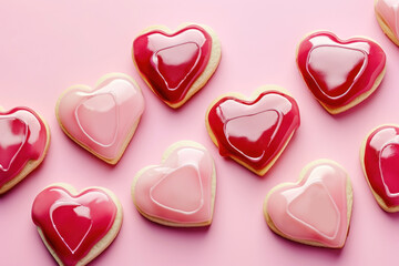 Fototapeta premium Valentine day homemade glazed red and pink heart shaped cookies on pink background. Top view. Festive abstract pattern.