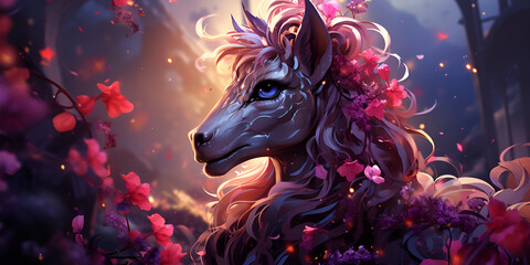 Abstract fantastic background with 3d unicorn shiny head on the dark sky background copy space for text. 