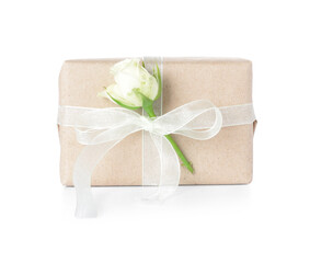 Gift box with beautiful rose  flower on white background. International Women's Day