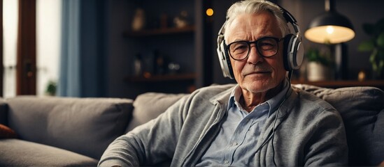 Fototapeta premium Senior man sitting on the couch wearing headphones listening to music, relaxing at home.
