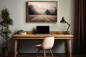 Uncluttered home office space with a wooden desk, a laptop, and a single piece of artwork on the wall