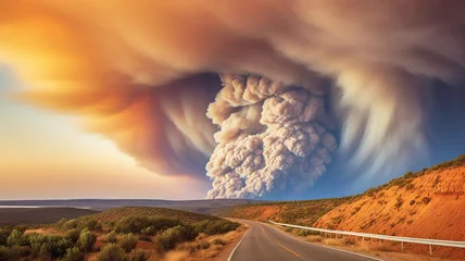 Wandcirkels tuinposter Dramatic landscape with heavy fire and puffs of smoke in Western Australia, bushfire. © Iryna