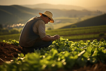 A farmer tending to crops in a sunlit field, highlighting the hard work and dedication required in...