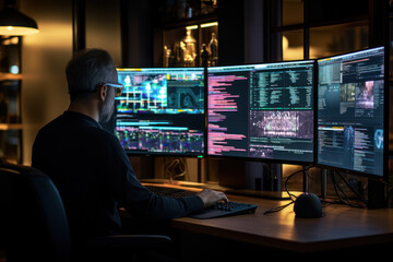 A software developer debugging code on multiple screens, showcasing the meticulous attention to...