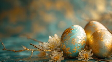 Obraz na płótnie Canvas Gilded Elegance: Intricate gold leaf patterns on Easter eggs, exuding opulence and tradition
