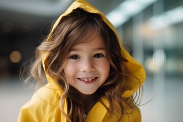 Portrait of a cute smiling little girl in a yellow raincoat