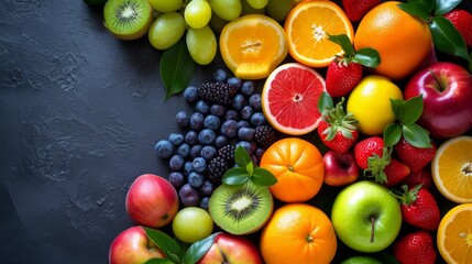 Freshly picked fruits arranged in a vibrant mosaic, promoting healthy eating