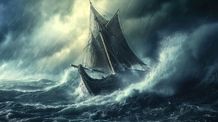 Pirate Ship Navigating During A Storm - obrazy, fototapety, plakaty