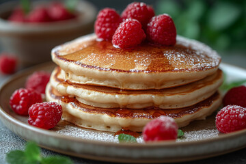 low carbohydrate pancakes with yogurt and raspberry.