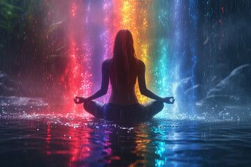 A digital rendering of sound waves emanating from a meditating person, illustrating the concept of vibrational energy. Concept of sound therapy and vibrational healing. Generative Ai.