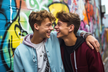 Fototapeta na wymiar Two 19-year-old European boys, exchanging shy smiles while leaning on a colorful graffiti wall first teenage crush