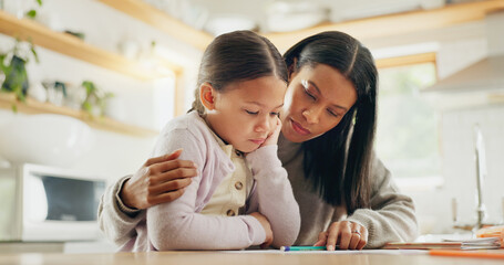 Homework, help and mother with girl in a kitchen for education, studying and remote learning...