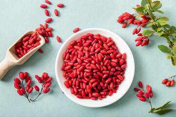 Pile of Berberis vulgaris also known as common barberry, European barberry or barberry on plate on blue background. Edible herbal medicinal fruit plant.