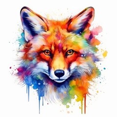 sticker watercolor colorful fox clipart, isolated on white background.