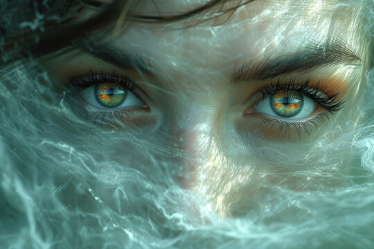 A surreal portrait with soft waves emanating from the eyes, symbolizing vision beyond sight. Concept of extrasensory perception and psychic insight. Generative Ai.