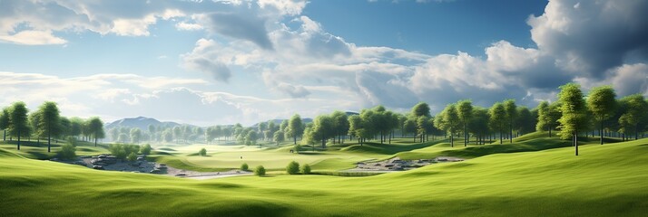 Panoramic view of beautiful golf course with green grass and trees, Ai Generated