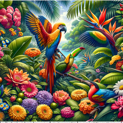 Decor featuring beautiful tropical flowers and parrots