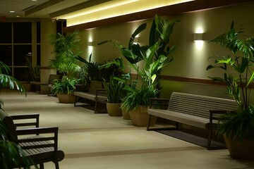 seating area with empty benches, plants, and soft lighting