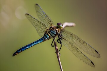 A blue dragonfly with black and yellow stripes rests on a thin branch.,dragonfly on a branch