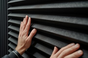hands positioning an acoustic insulation panel in recording studio - obrazy, fototapety, plakaty
