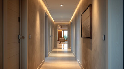 A minimalist hallway with a single piece of art on the wall.