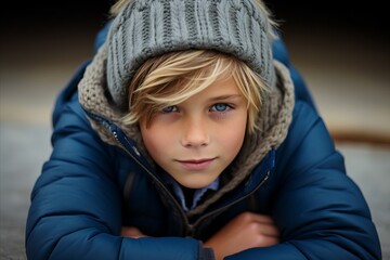 Portrait of a cute little boy in winter clothes looking at camera