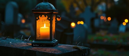 Nighttime candle placed in lantern at cemetery. - obrazy, fototapety, plakaty