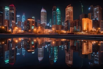 The image captures a cityscape at night with a pond in the foreground. The tall buildings are brightly lit, and their lights reflect off the still water. The scene is reflected i,city skyline at night