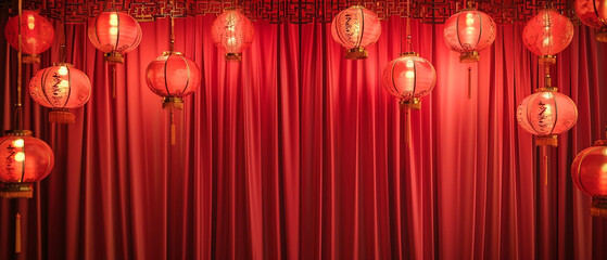 Chinese New Year background image, red curtains decorated with red lanterns, beautifully decorated
