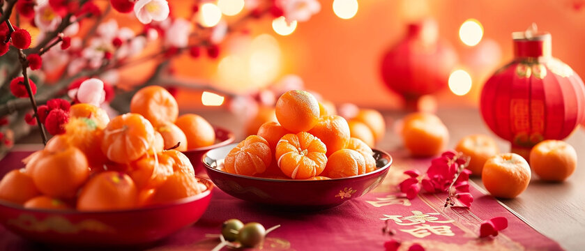 Red background image of preparing various fruit offerings and desserts for Chinese New Year.
