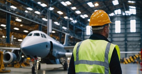 A man in a protective vest and hard hat visits an aircraft factory. Low light. Back view.