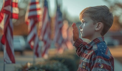 Waving Goodbye to the American Flag A Boy's Salute to the Nation Generative AI - obrazy, fototapety, plakaty