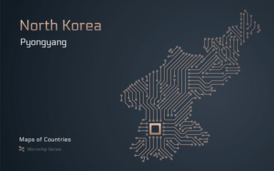 North Korea Map with a capital of Pyongyang Shown in a Microchip Pattern with processor. E-government. World Countries vector maps. Microchip Series	