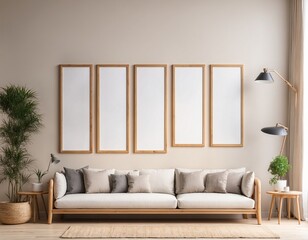  Blank poster wooden mock up frames on the wall in living room interior.